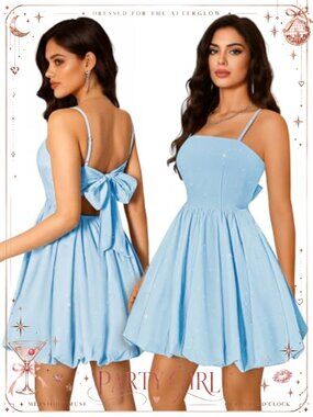 Sparkly Mini Homecoming Dress Bubble Skirt Spaghetti Strap A-Line Semi Formal